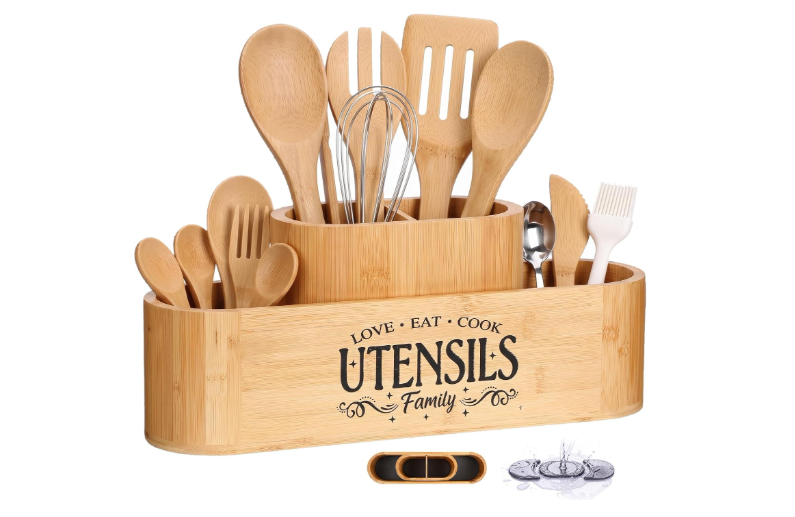 Bamboo Utensil Holder, 4 Compartments Organizer with 3 Stone Mats